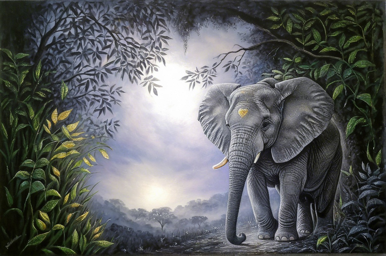 Elephant in a Serene Forest with Lush Greenery