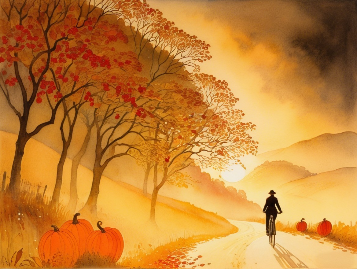 Autumn Landscape with Trees, Cyclist, and Pumpkins