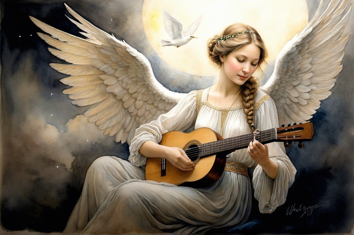 Angel with Guitar Under Full Moon in Dreamlike Scene