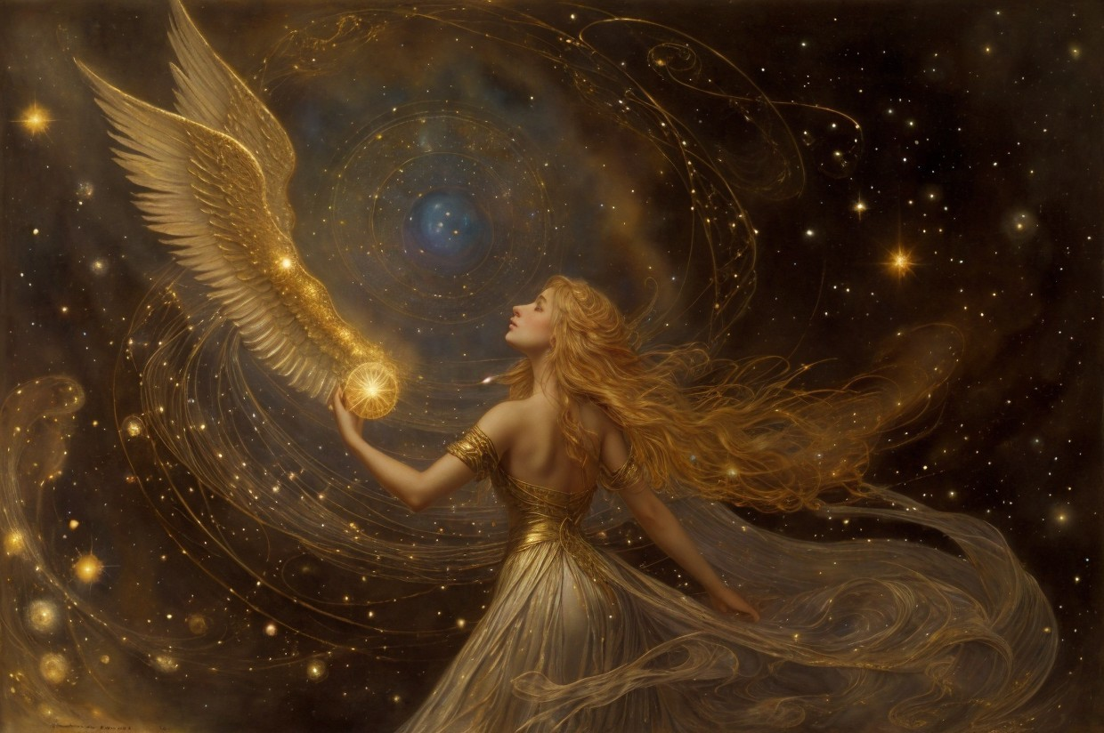 Celestial Figure with Golden Hair in Starry Cosmos
