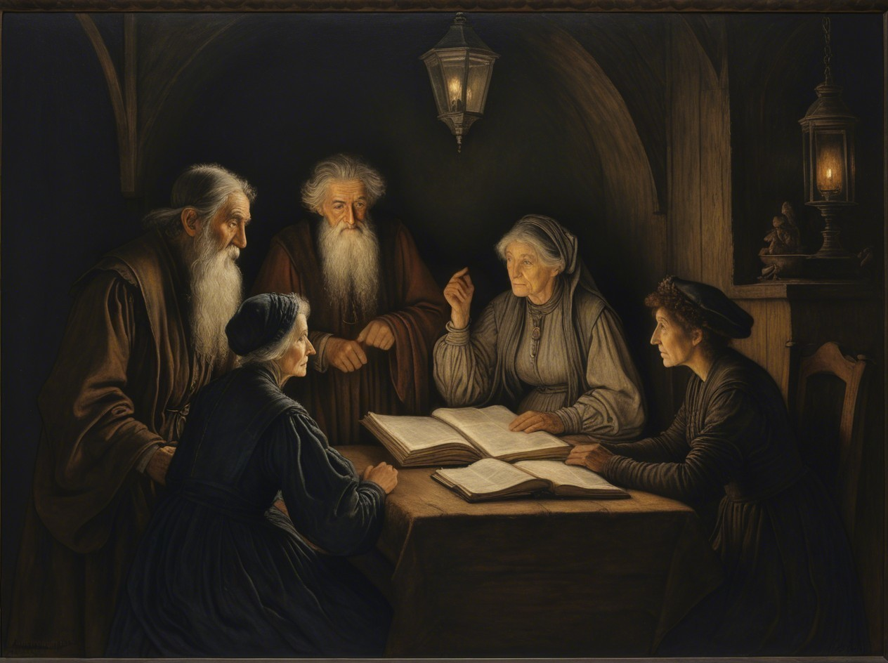 Dramatic Painting of Five Elderly People in Candlelight