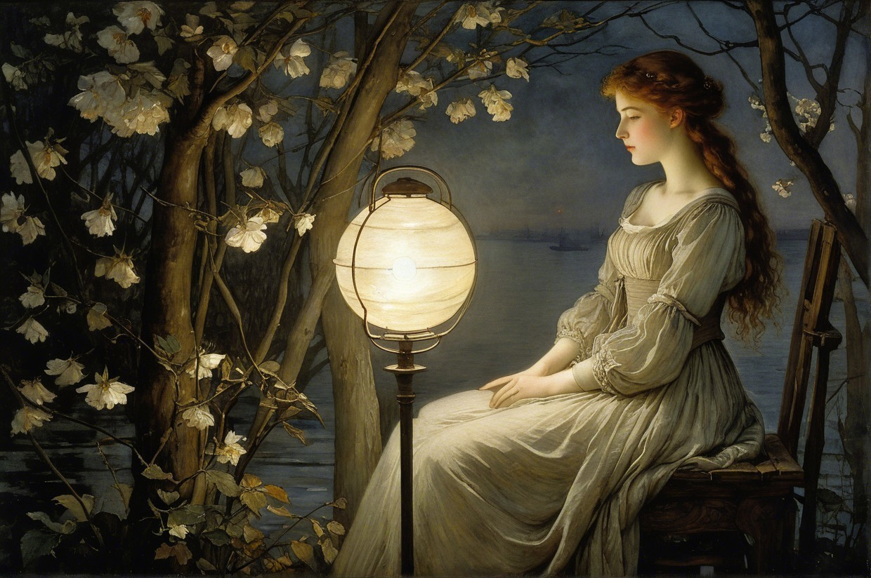 Twilight Scene of a Woman by a Tranquil Waterway