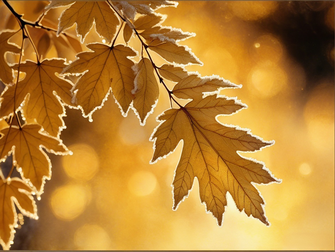 Golden Leaves with Frost and Soft Bokeh Background