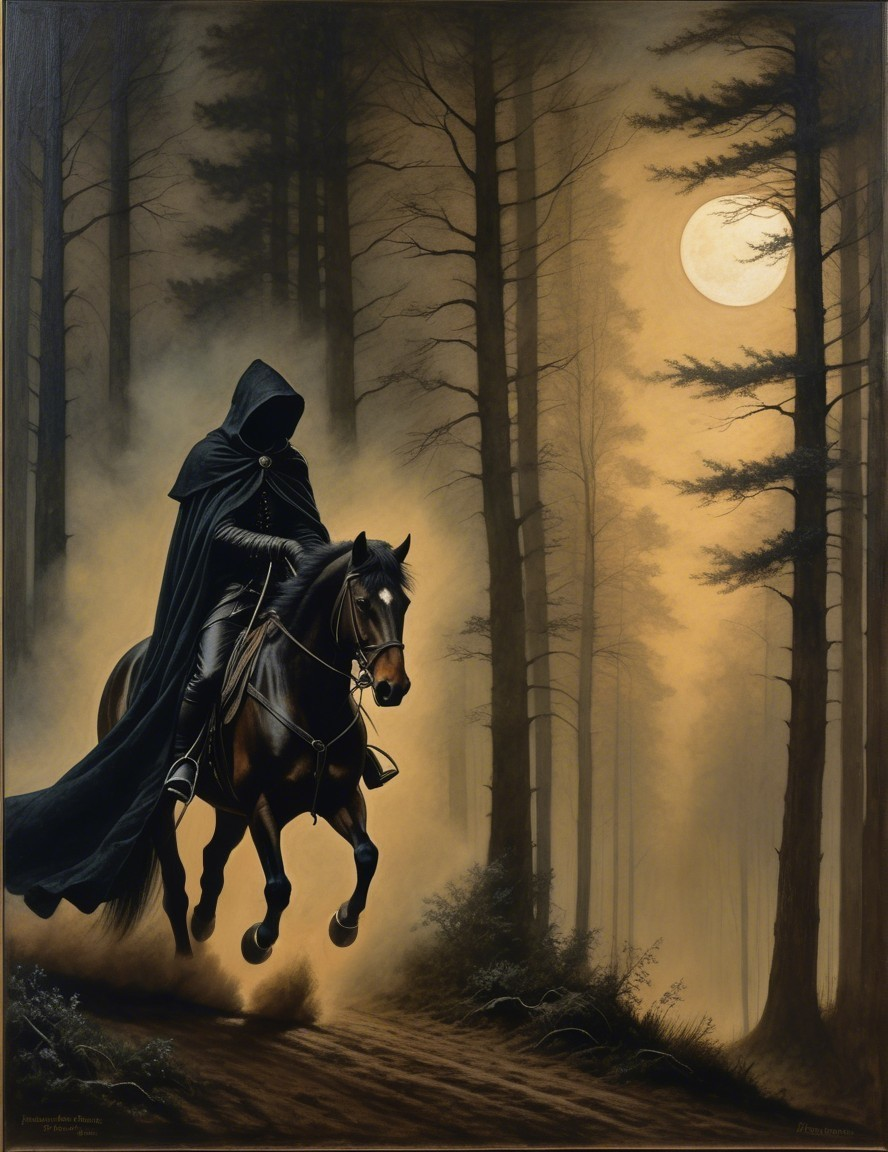 Cloaked Figure on Dark Horse in Misty Night Forest