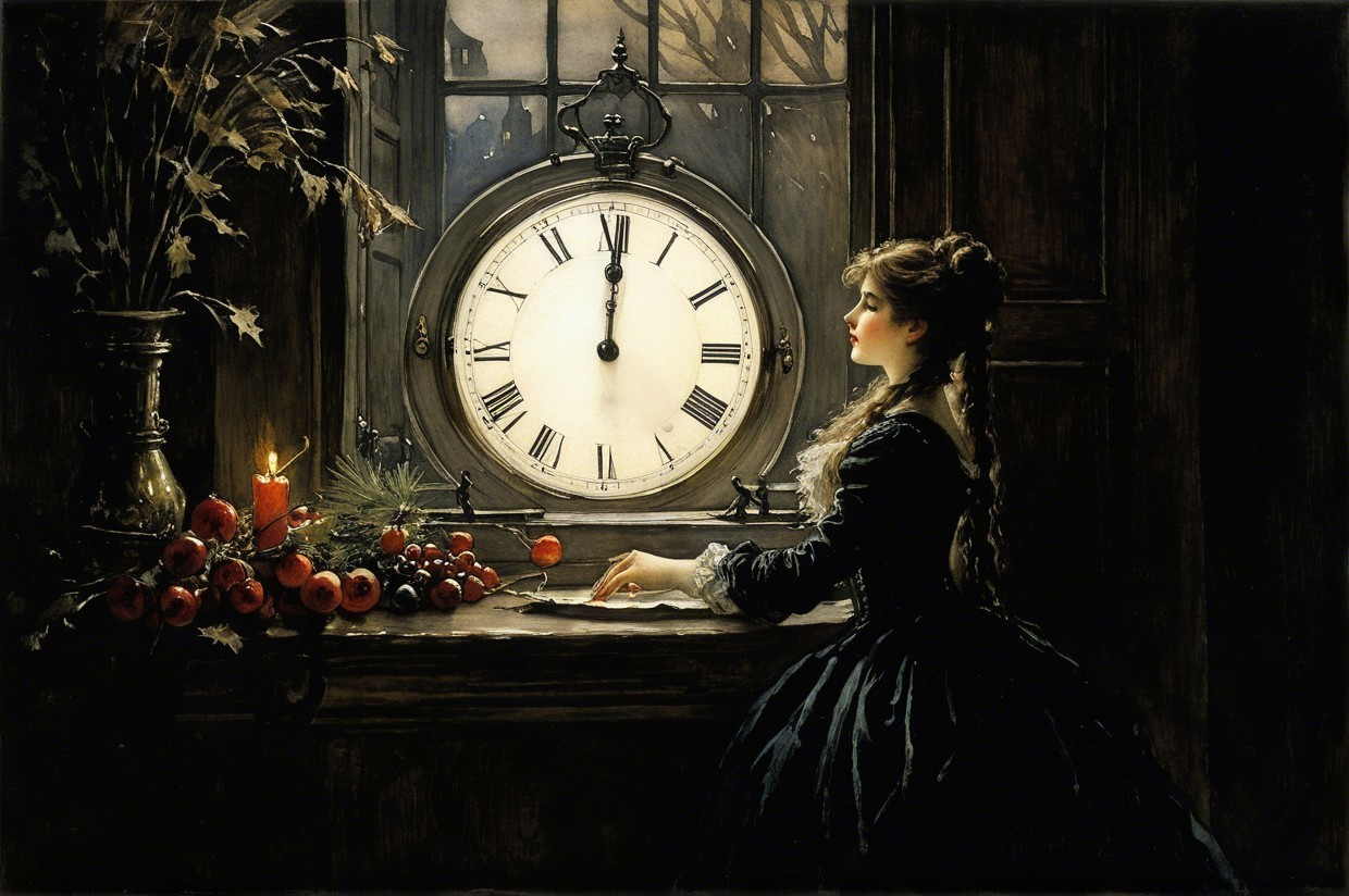 Young woman in dark dress gazes out window with clock