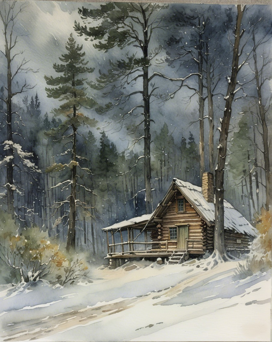 Wooden cabin in snowy forest with tranquil atmosphere