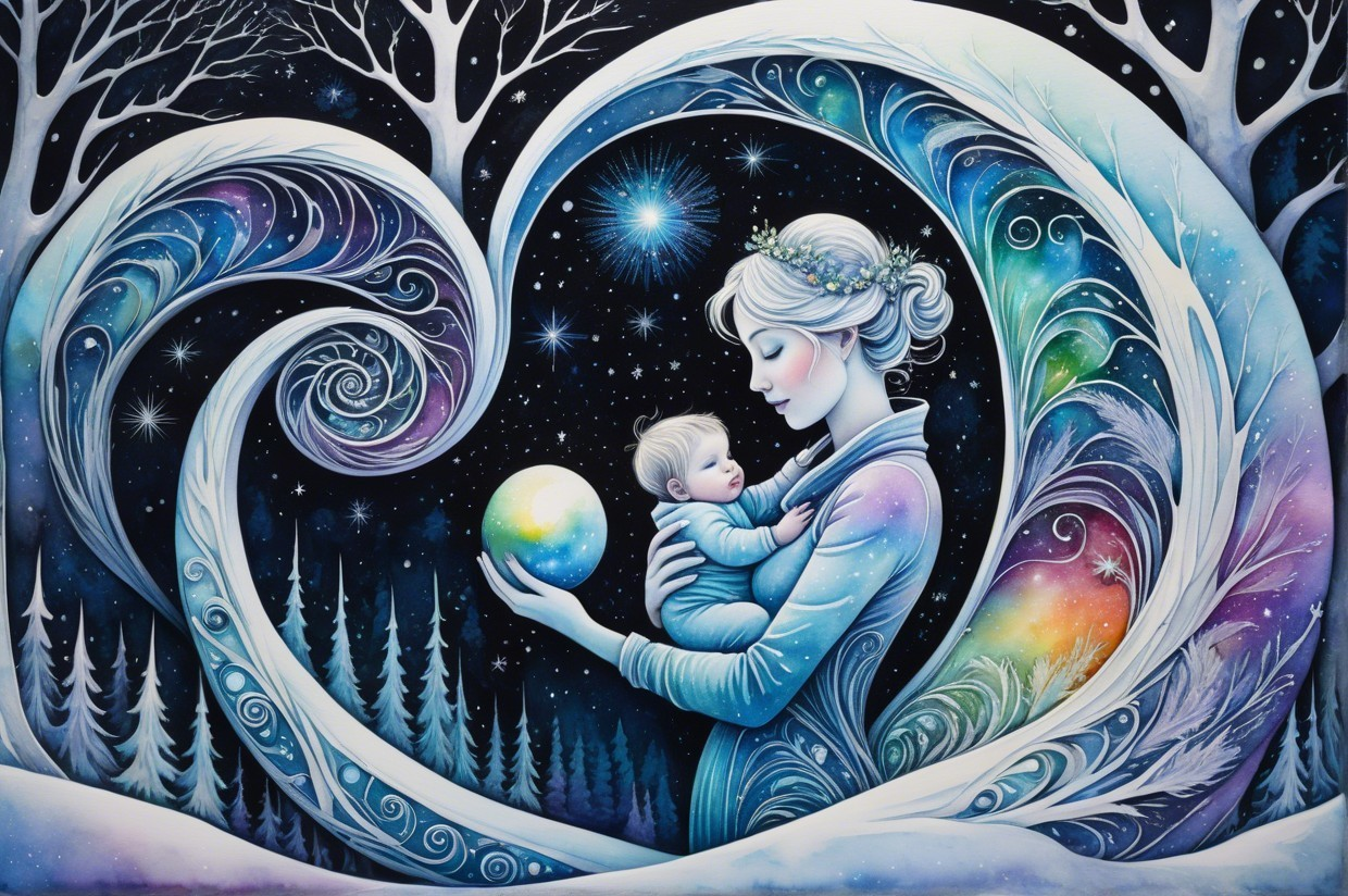 Mother and Baby in Heart-Shaped Cosmic Scene