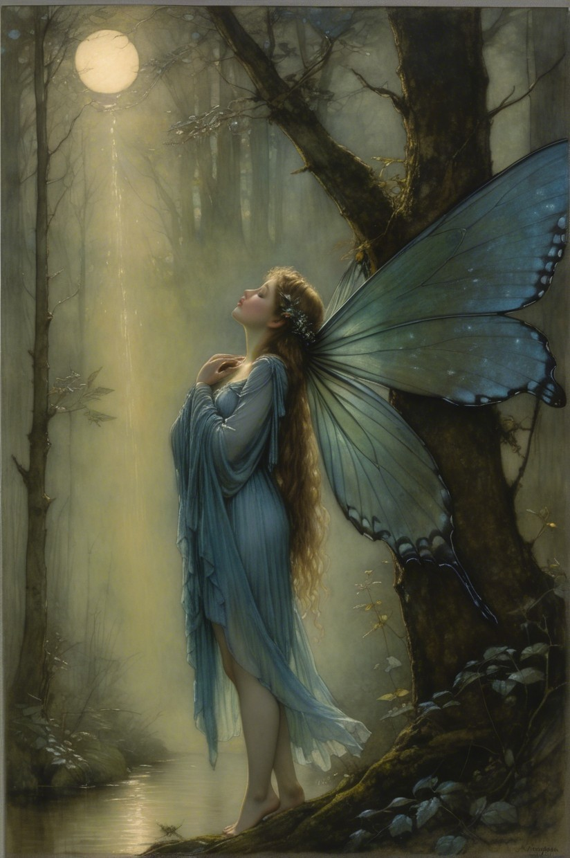 Fairy by Moonlit Stream in Dreamlike Forest Setting