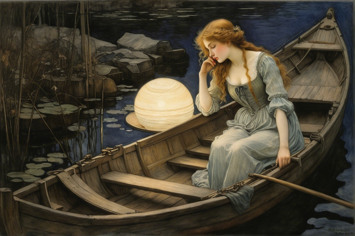 Young Woman in Wooden Boat Amidst Tranquil Waters