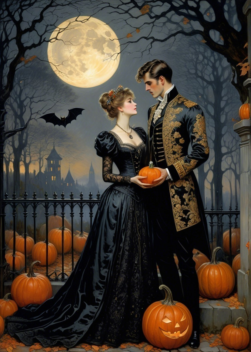 Romantic Couple in Moonlit Halloween Pumpkin Setting