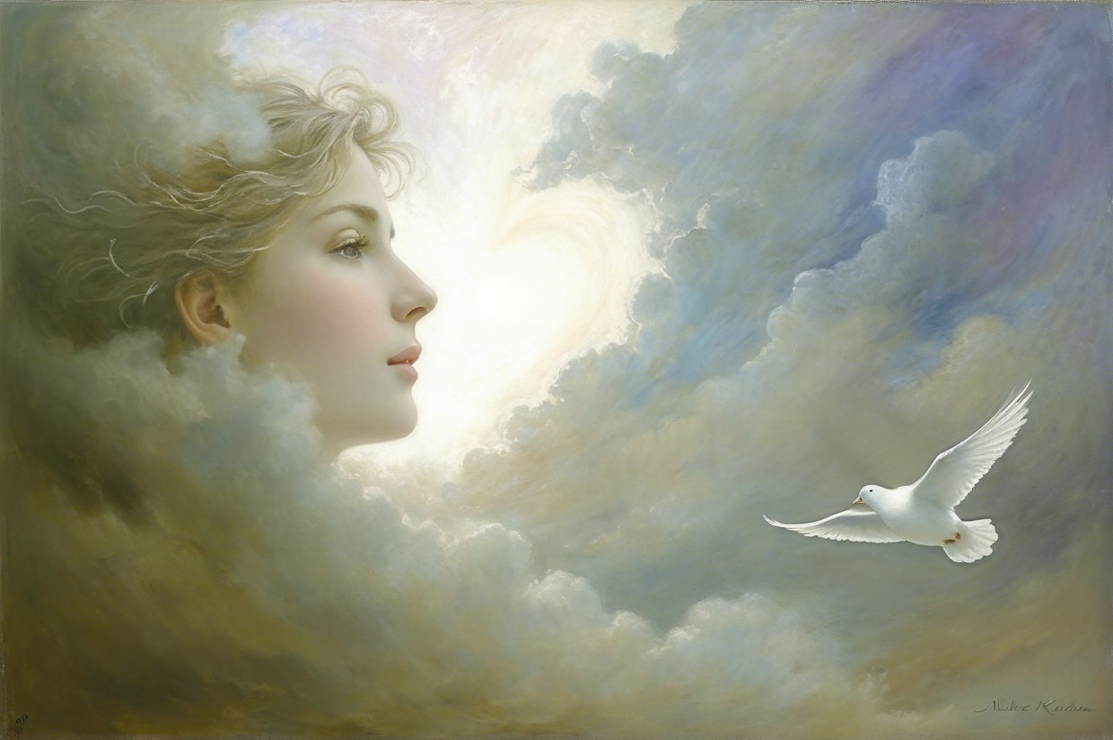 Serene Woman's Face in Ethereal Cloud Scene