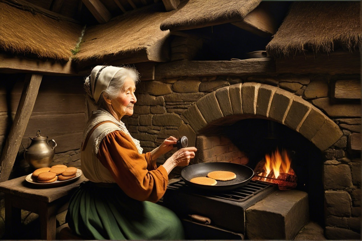 Elderly Woman Cooking Pancakes in Rustic Kitchen