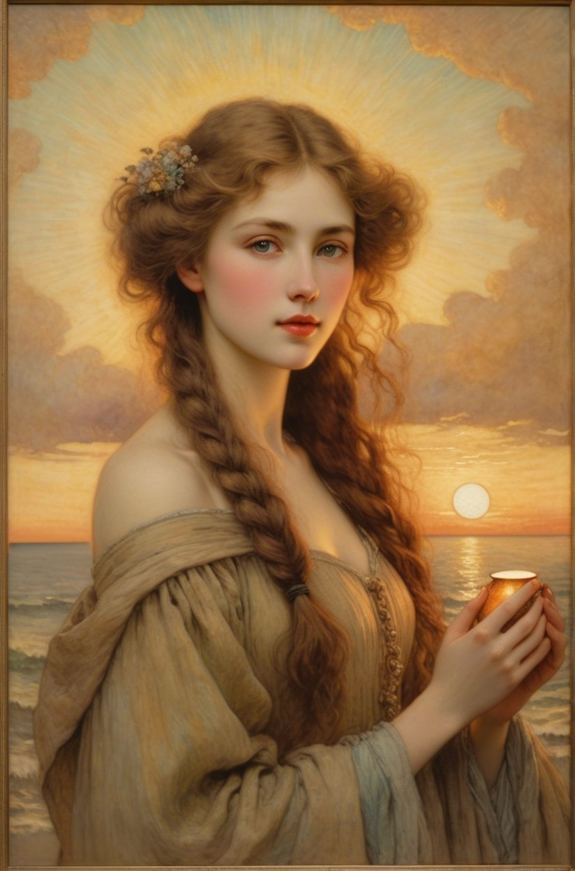 Young Woman by the Sea at Sunset with Candle