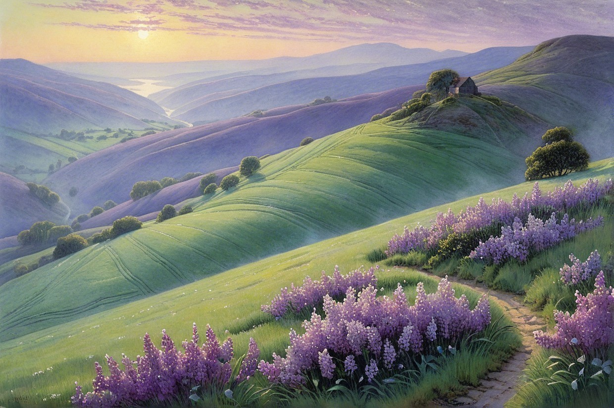 Serene Dawn Landscape with Cottage and Lavender Fields