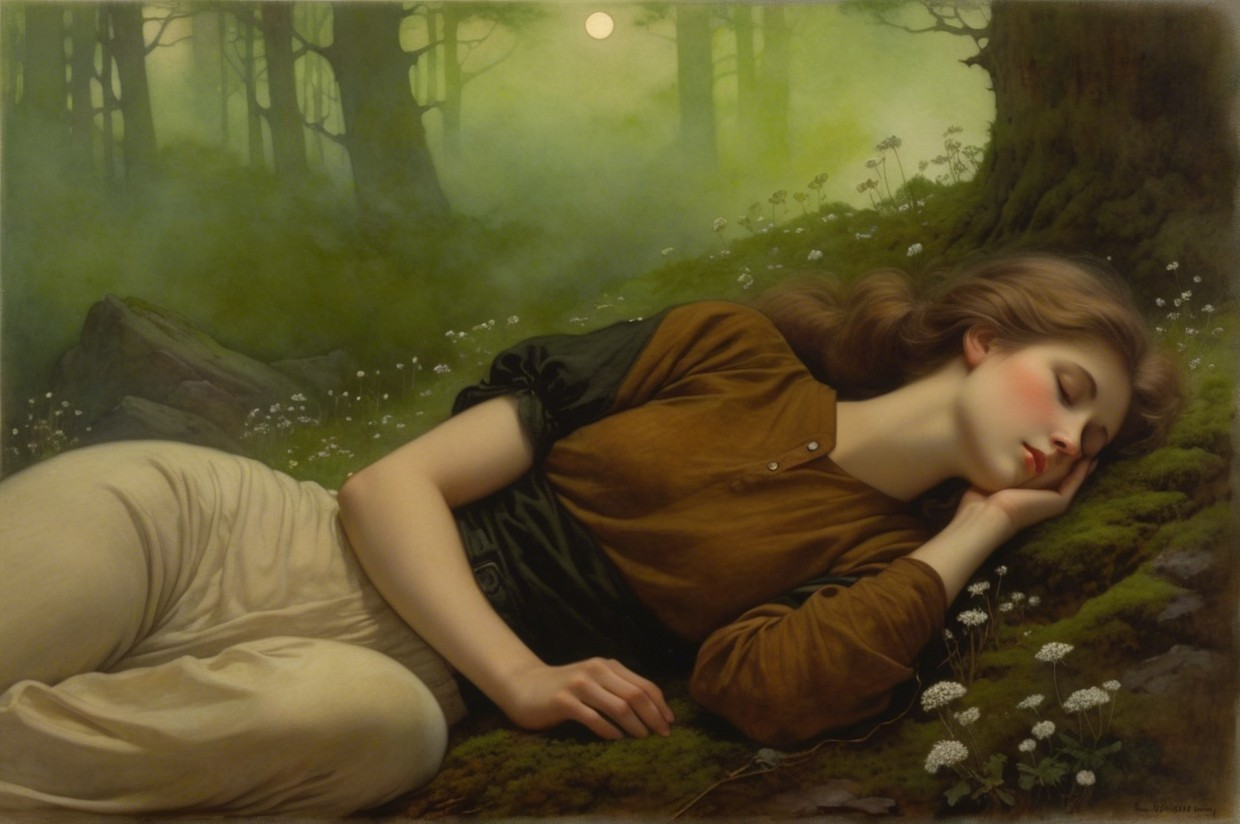 Young Woman Resting in Serene Forest with Wildflowers