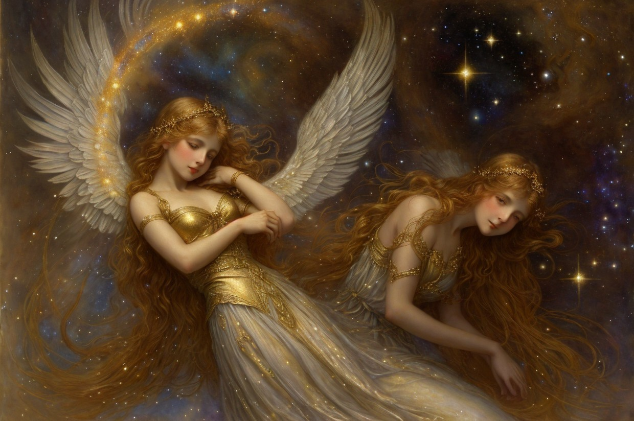 Angelic Figures in Cosmic Starry Backdrop