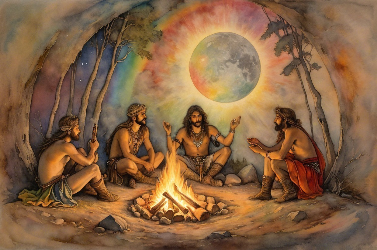 Ancient Figures Gather Around Glowing Campfire in Forest