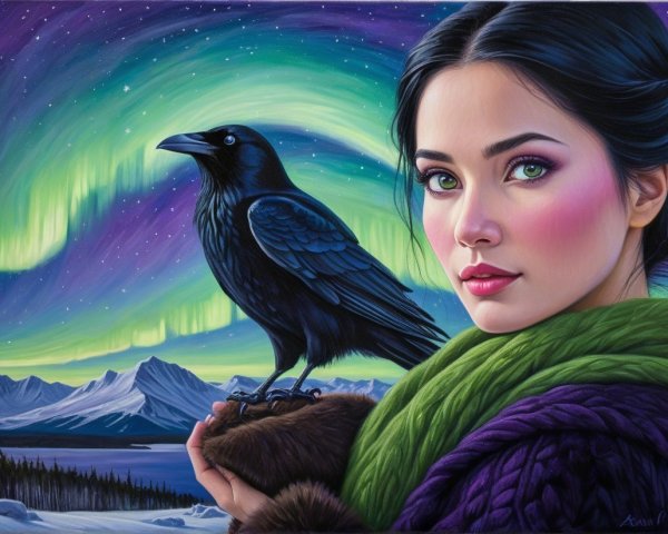 Young Woman with Raven Under Northern Lights