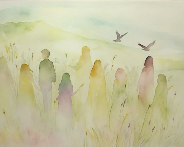Watercolor Scene of Silhouetted Figures in Nature