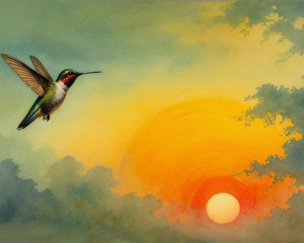 Hummingbird in Flight Against a Sunset Background