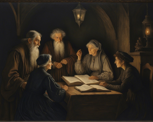 Dramatic Painting of Five Elderly People in Candlelight