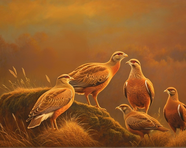 Five Partridges on a Grassy Mound in Golden Hues