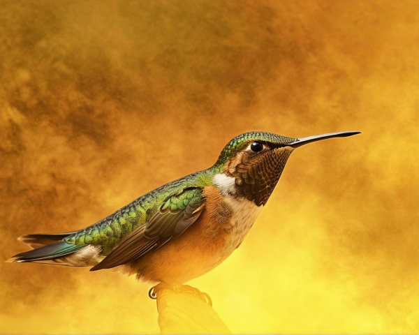 Iridescent Hummingbird Perched in Golden Background