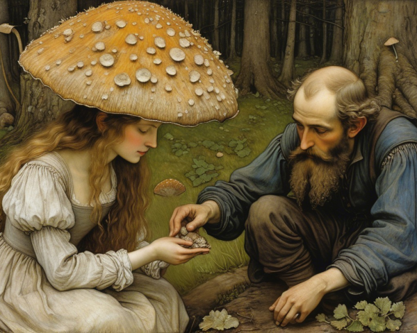 Young Woman and Bearded Man in Enchanted Forest