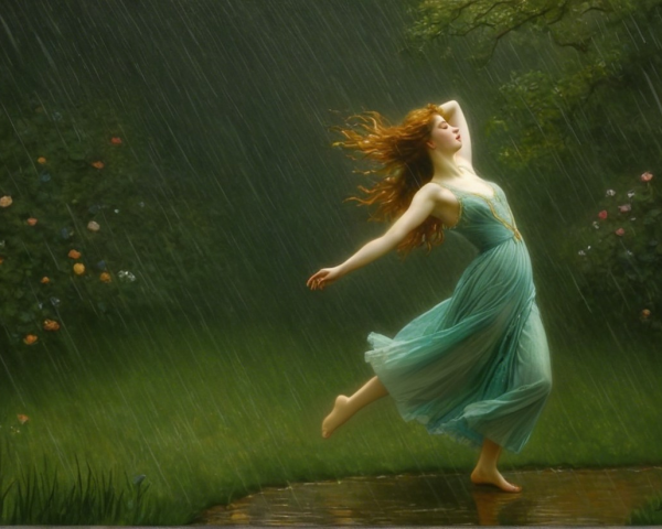 Woman with Red Hair in Turquoise Dress Dancing in Rain