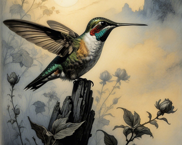Hummingbird on Weathered Post in Dreamy Landscape