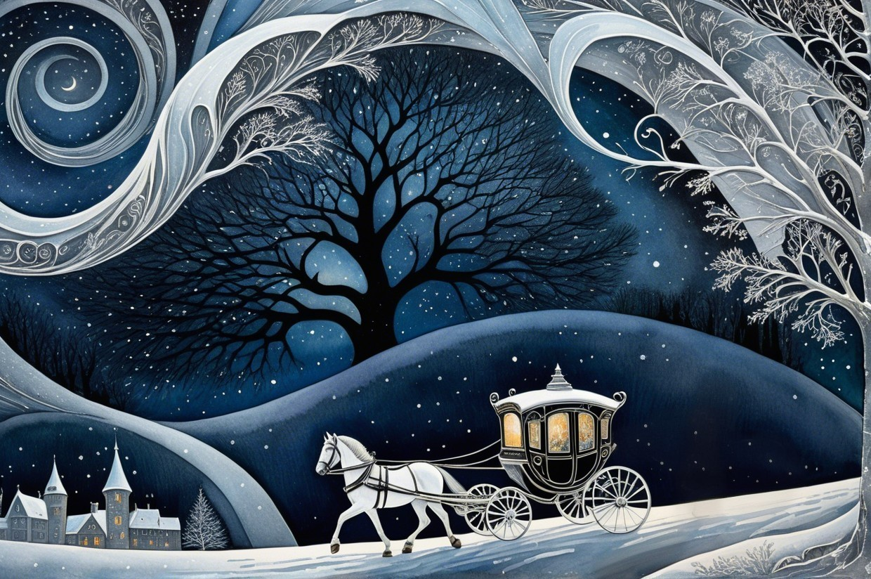 Magical Winter Scene with Horse-Drawn Carriage