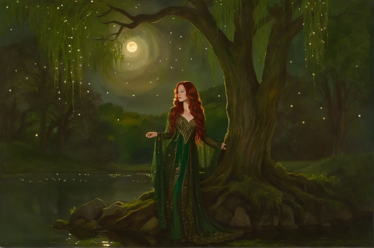 Fairy-Tale Scene of Woman by Moonlit Lake