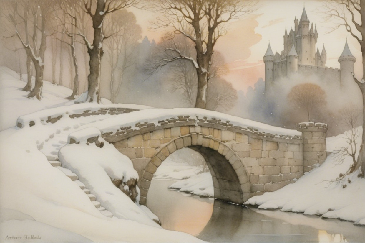Winter Landscape with Bridge and Snowy Castle View