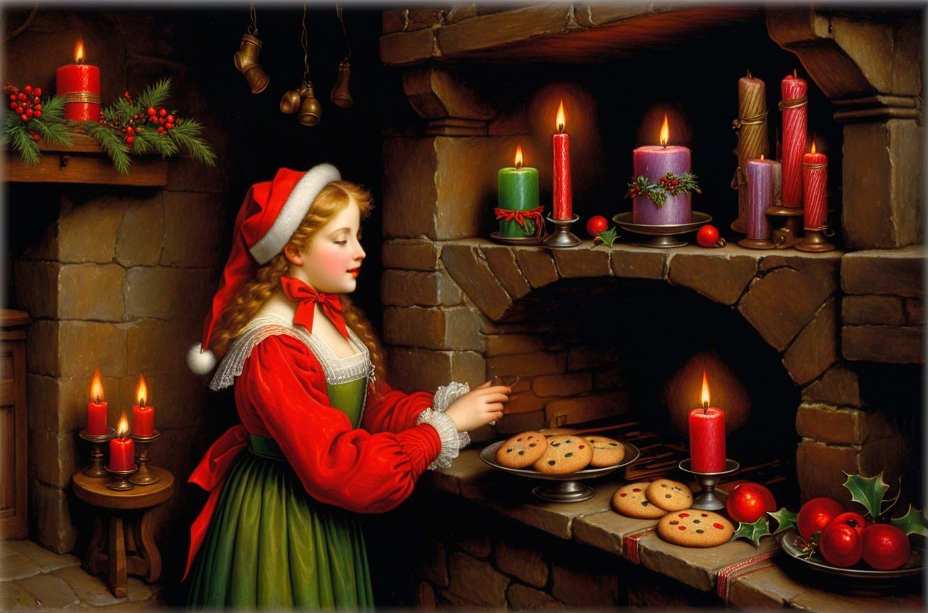 Detailed Oil Painting of Girl in Christmas Setting