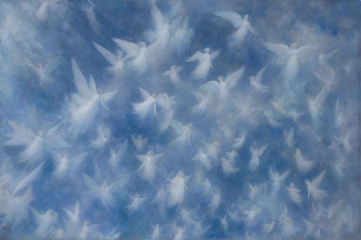 Dreamy Sky with Ethereal Angelic Figures in Blue