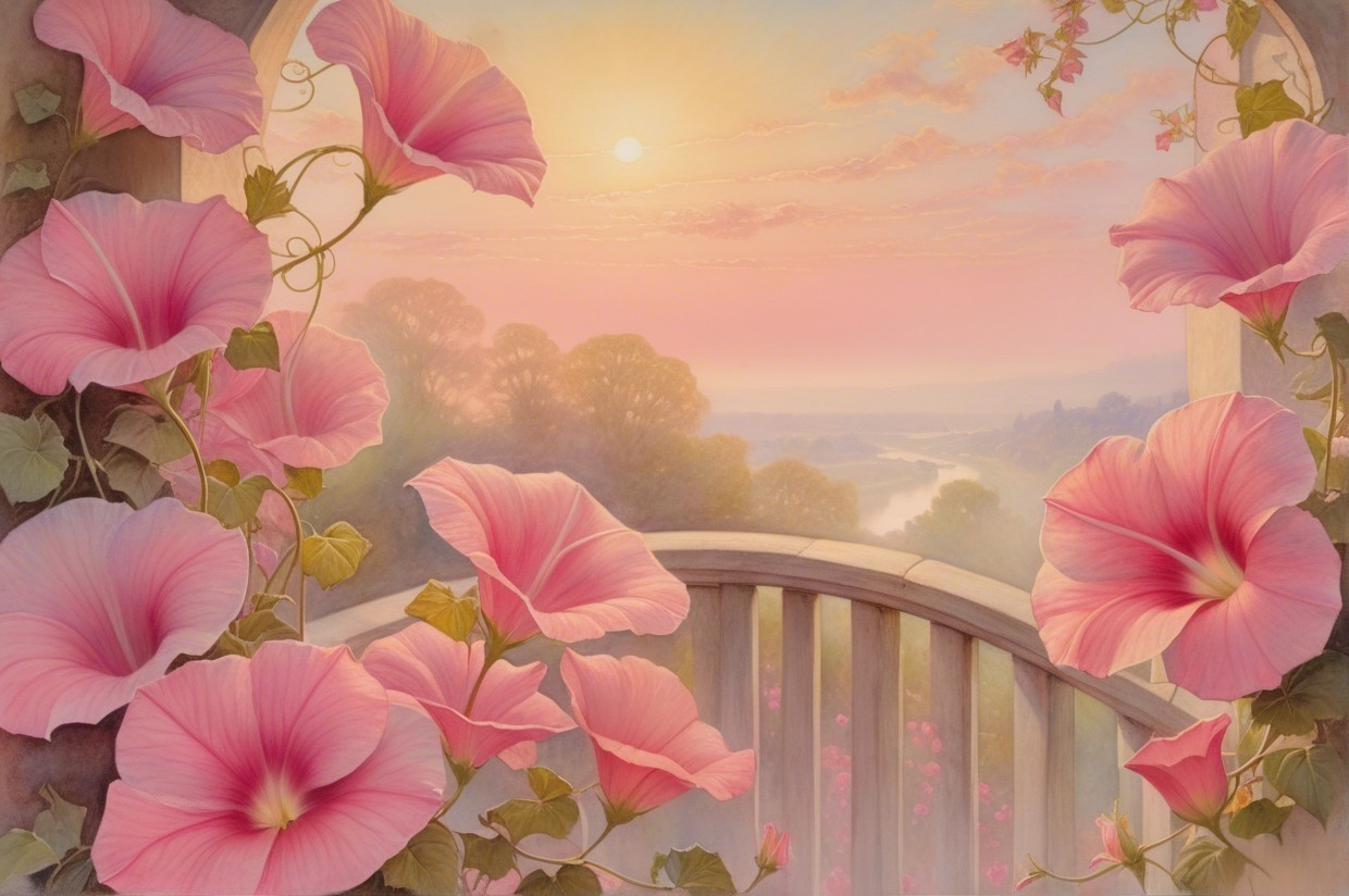 Balcony View with Pink Flowers and Misty Hills