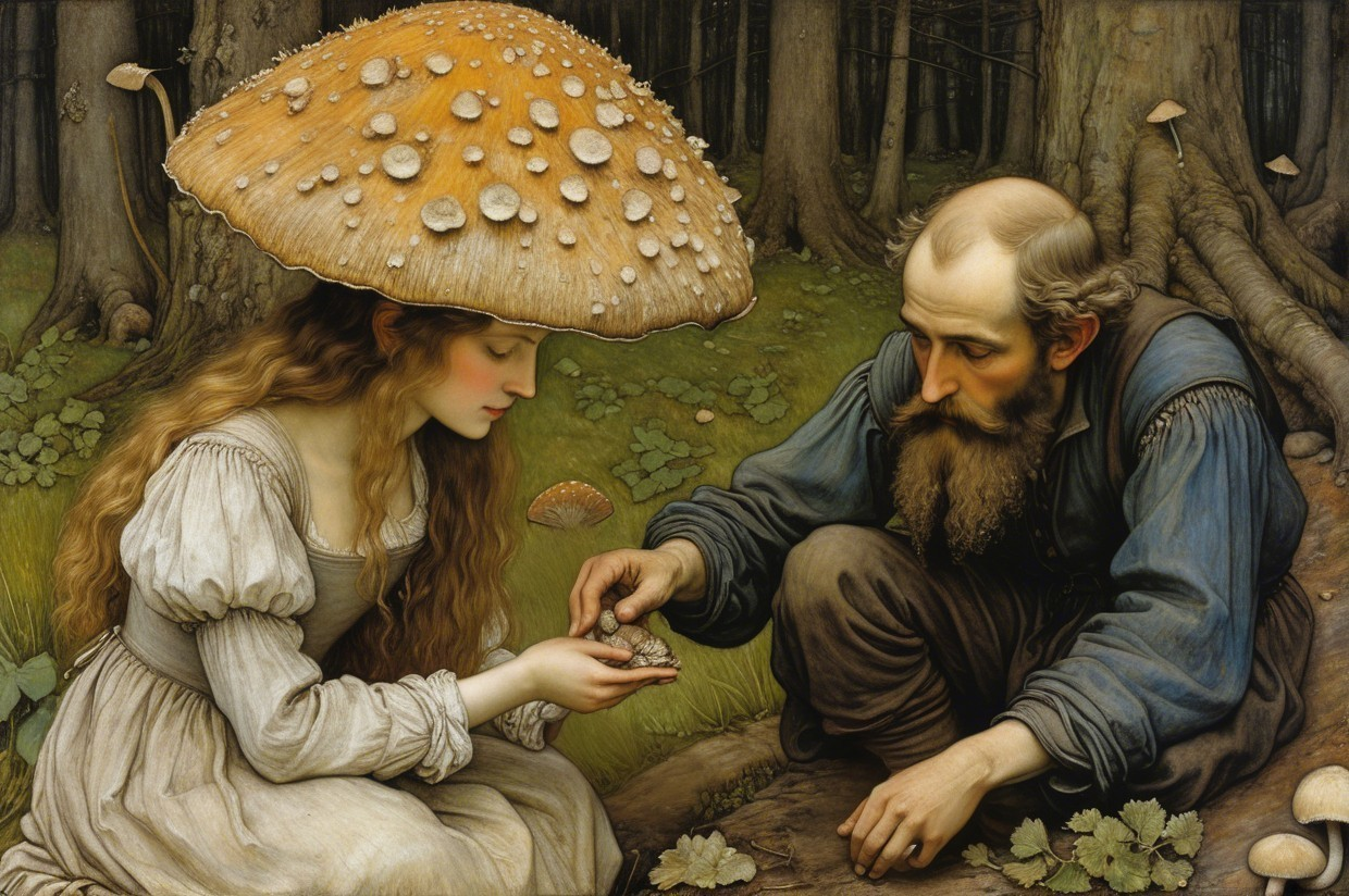 Young Woman and Bearded Man in Enchanted Forest