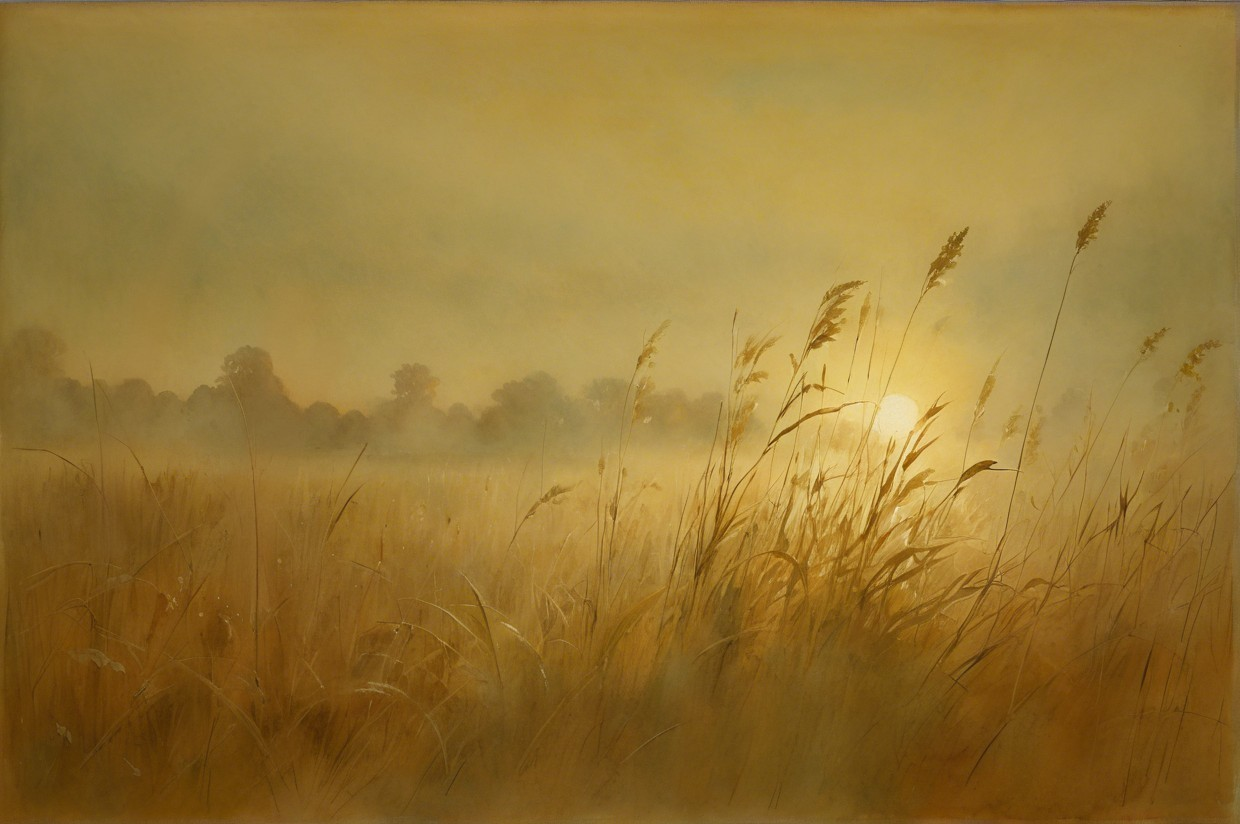 Serene Landscape with Golden Hues and Tall Grasses