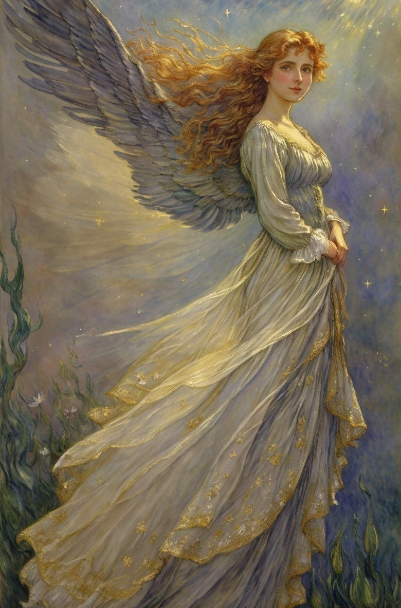 Serene angel in flowing gown with golden accents