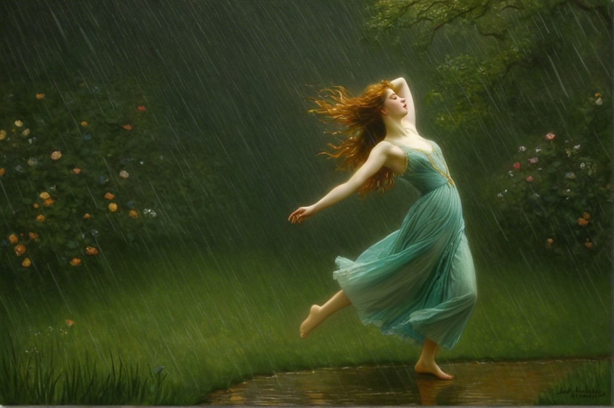 Woman with Red Hair in Turquoise Dress Dancing in Rain