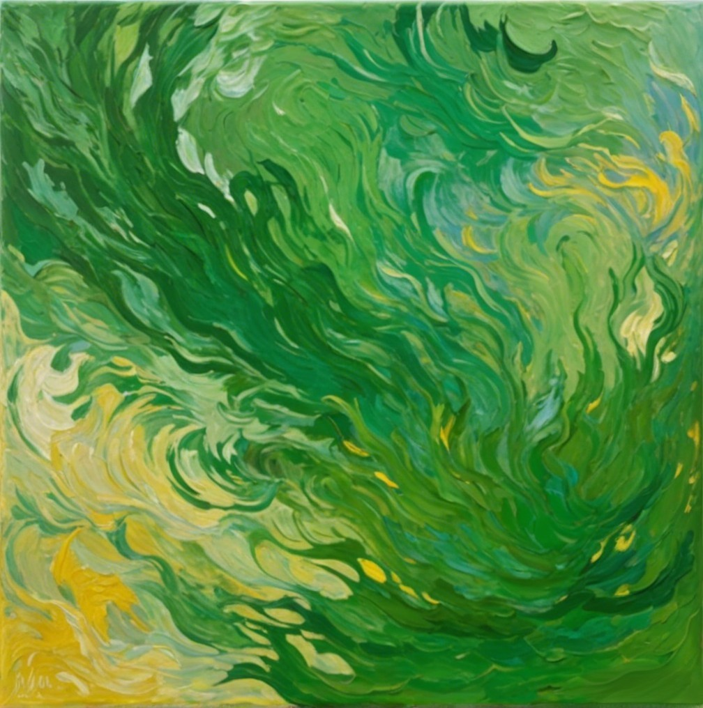 Abstract Painting with Vibrant Greens and Yellow Swirls