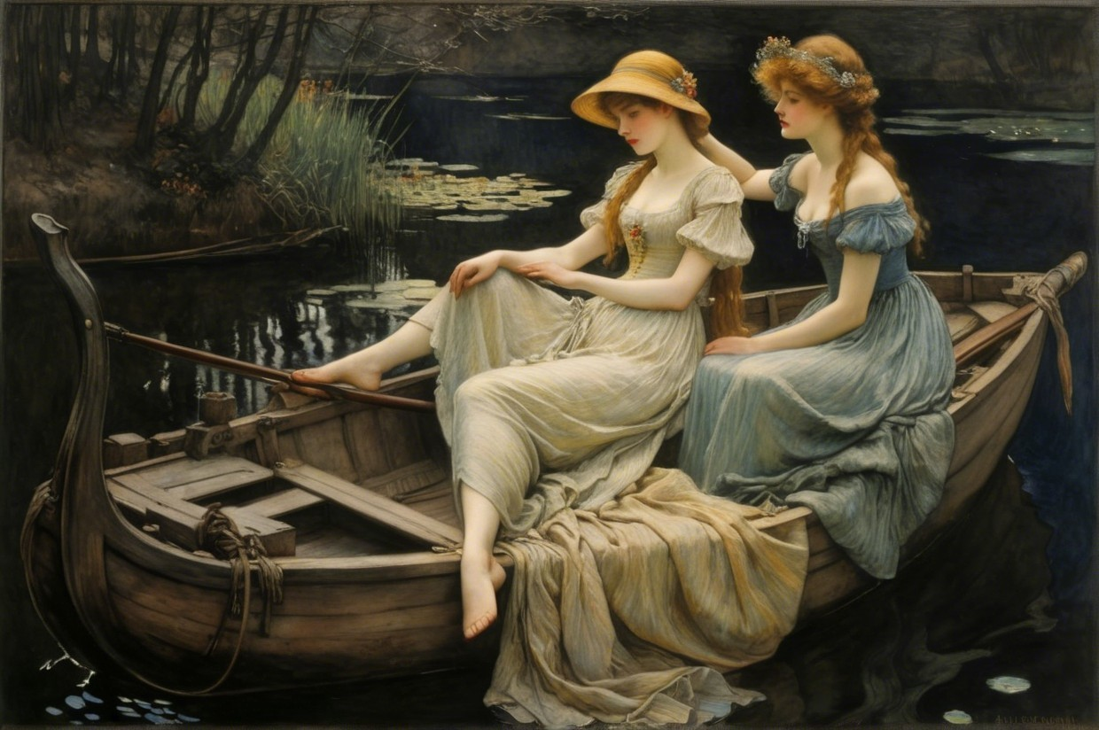 Two women in a boat on a tranquil water scene