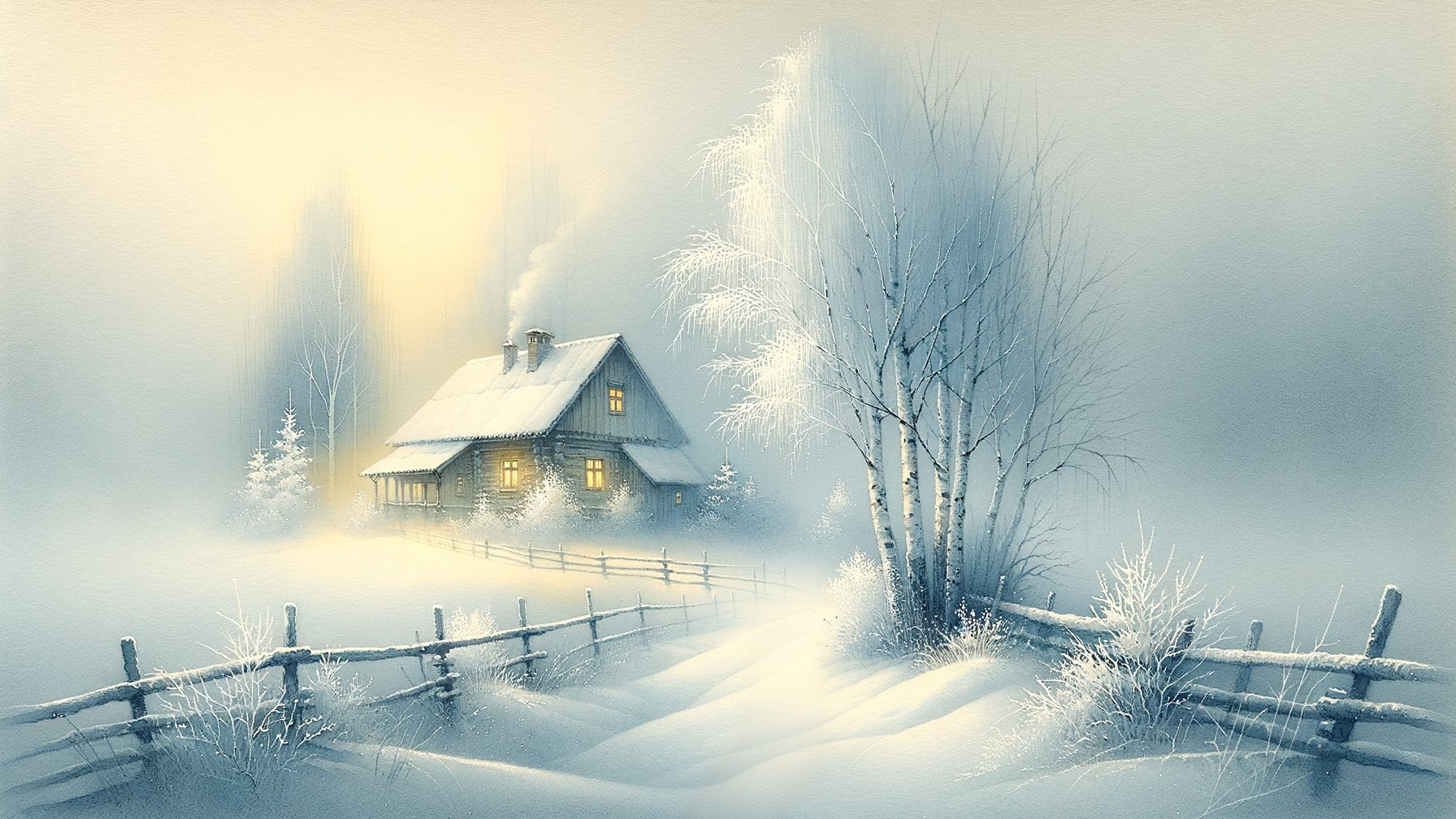 Serene Winter Landscape with Cozy Cabin and Snowfall