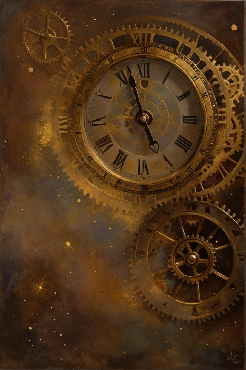 Steampunk Clock with Gears Against Cosmic Background