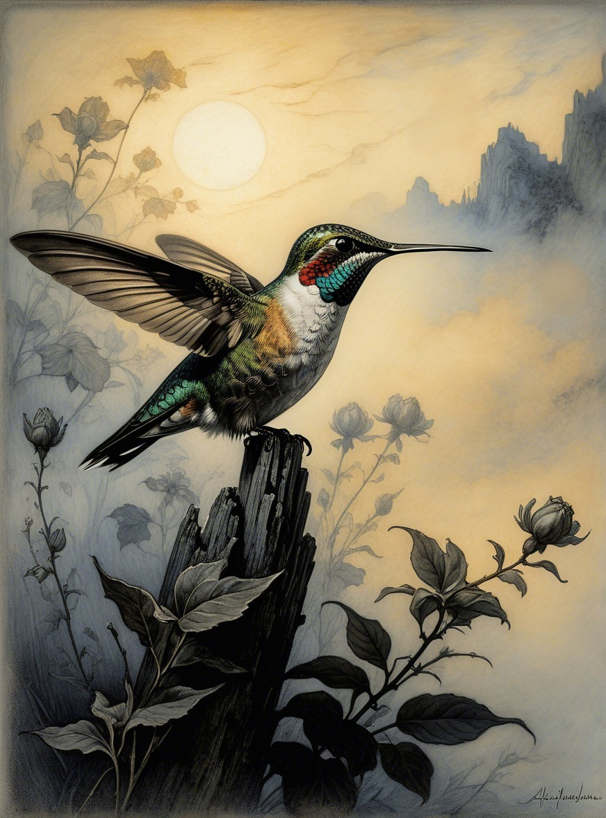Hummingbird on Weathered Post in Dreamy Landscape