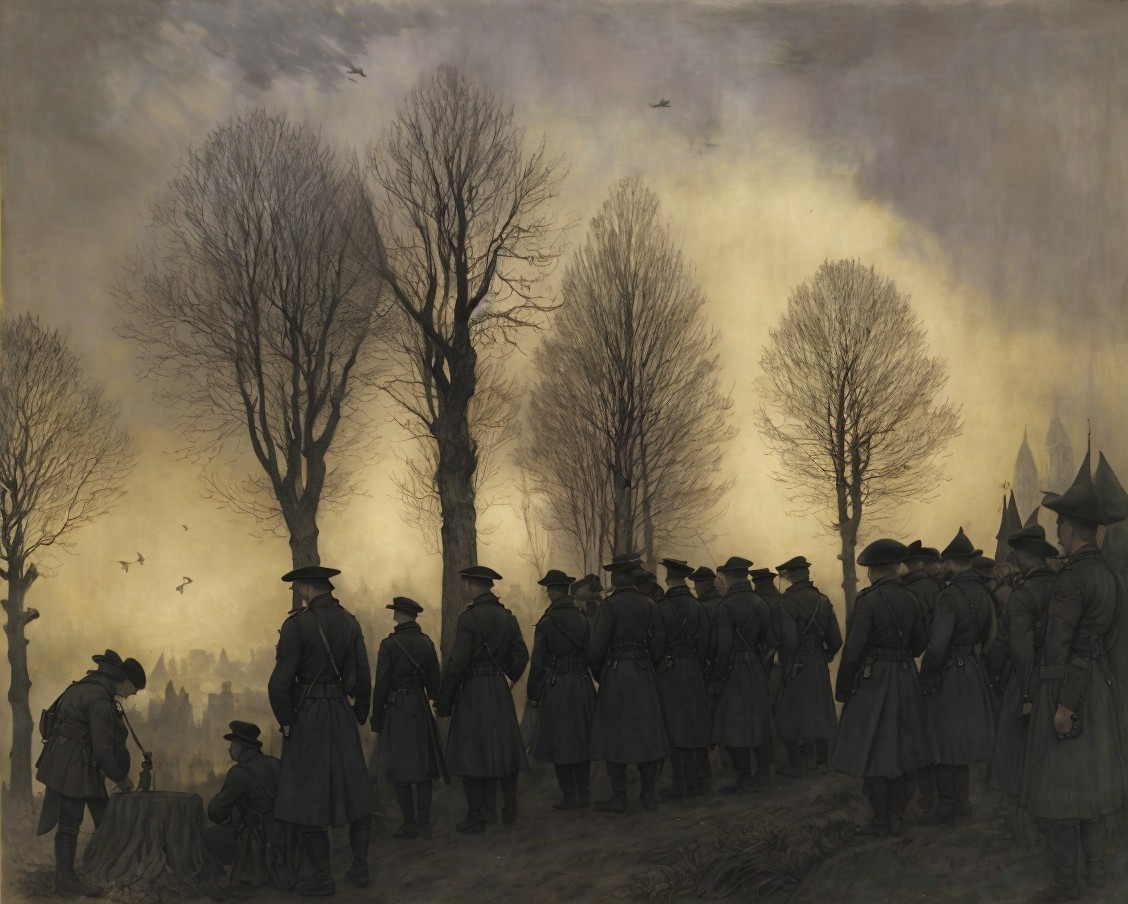 Soldiers Mourning at Makeshift Memorial Under Trees