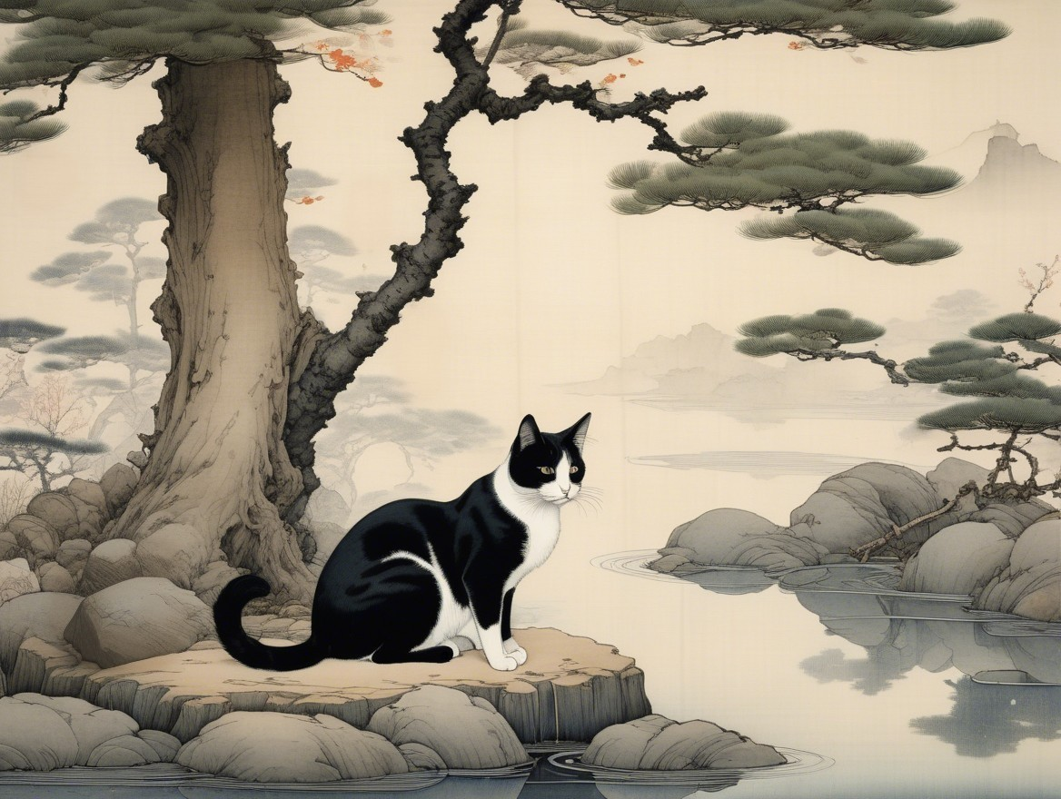 Serene Landscape with Cat and Misty Mountains