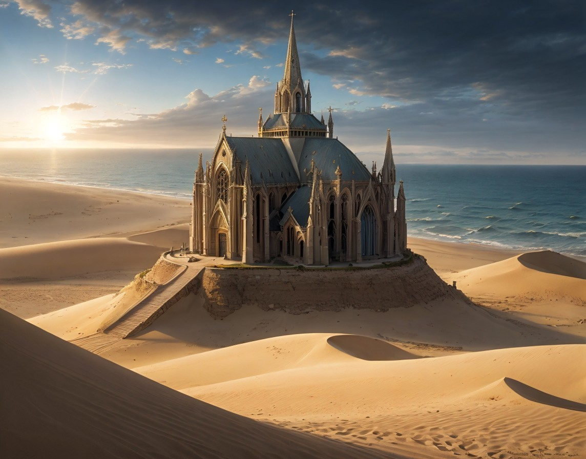 Gothic Church Surrounded by Sand Dunes at Sunset