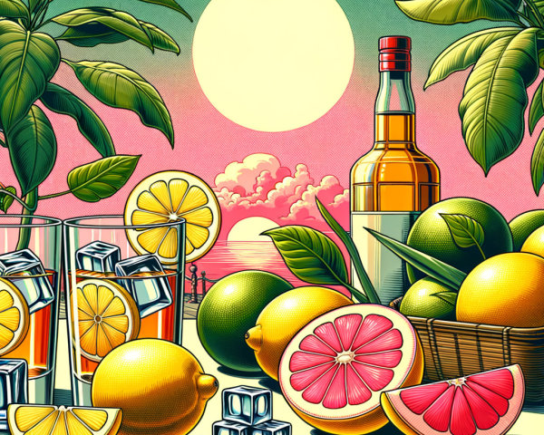 Vibrant Summer Scene with Fresh Citrus Fruits and Drinks