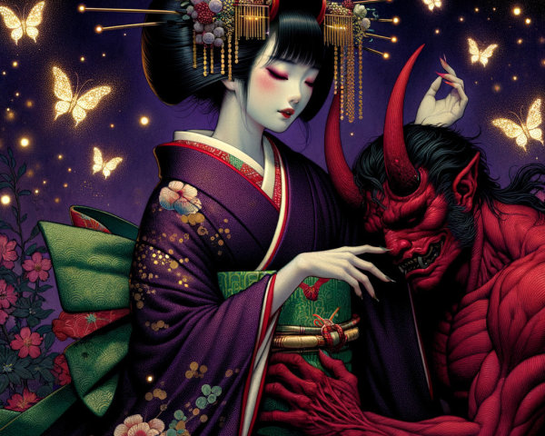 Woman in Kimono Beside Red Demon in Fantasy Scene